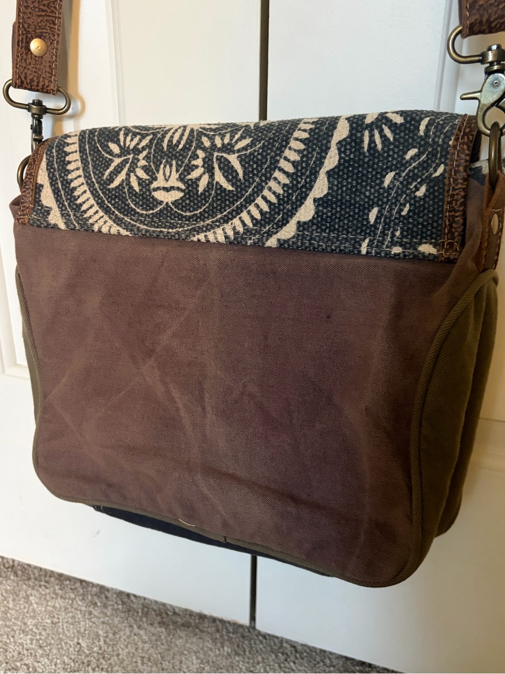 Myra Bag Black and Brown Patterned Crossbody with Haircalf Flap - Picture 3 of 4